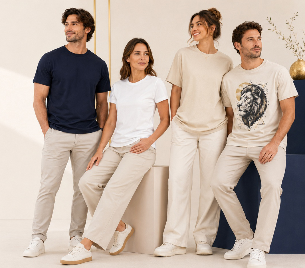 Pessoas usando camisetas lisas e camiseta estampada para DTF em ambiente minimalista
